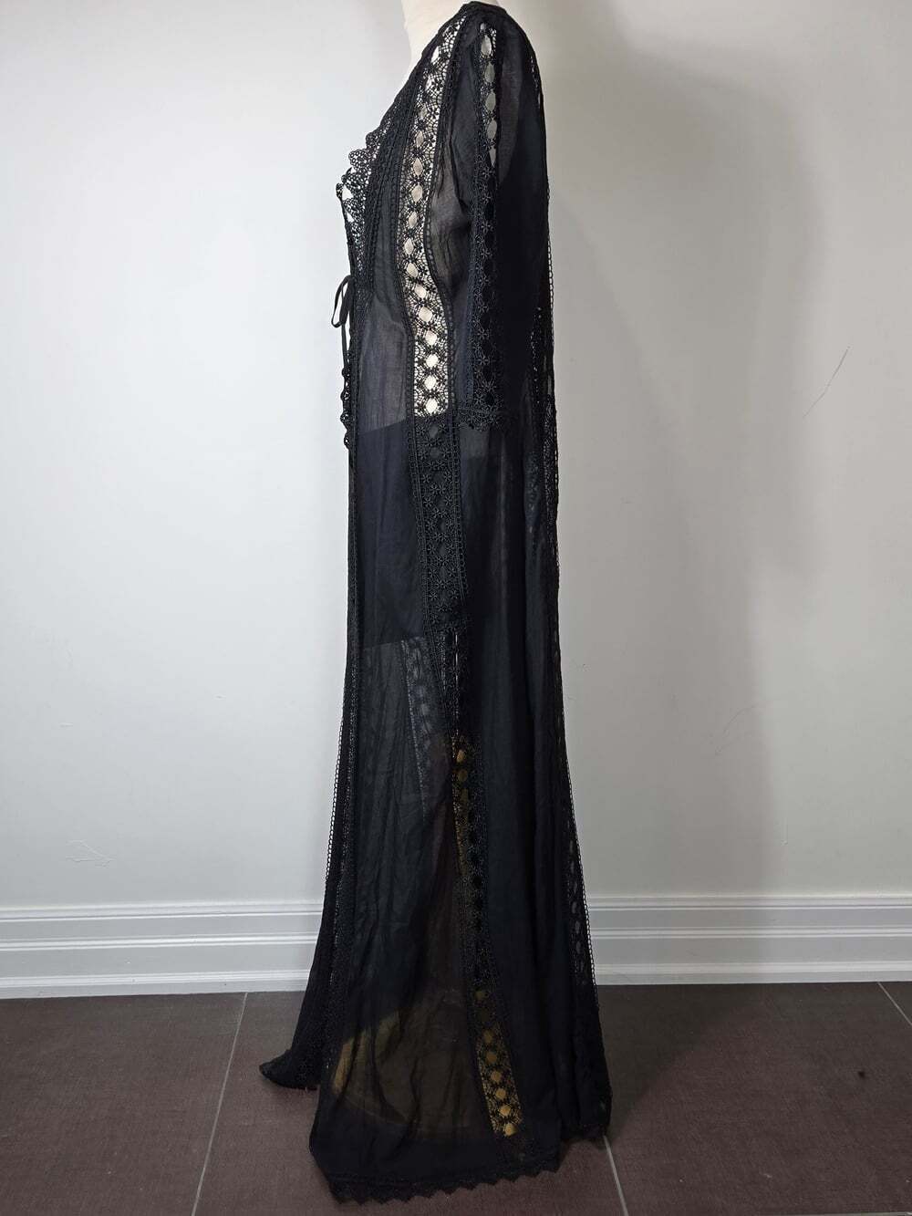 Charo Ruiz Ibiza Ali Lace Sheer Maxi Kimono Cover Up Black S Boho Luxury Resort - Picture 9 of 11
